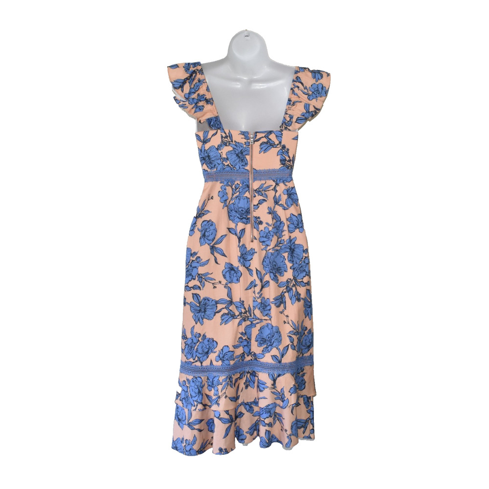 A8 Auth ALICE + OLIVIA Salmon Pink Blue Floral Jade Ruffle-Strap Midi Dress Sz 2 - Picture 4 of 7